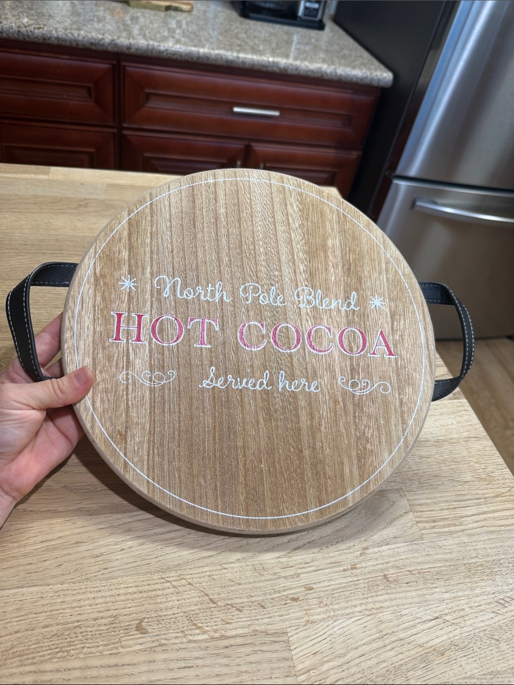 Wooden Hot Cocoa Serving Tray with Pink & White Lettering